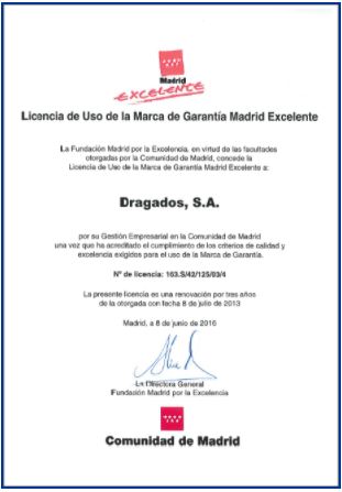 MADRID EXCELENTE CERTIFICATE